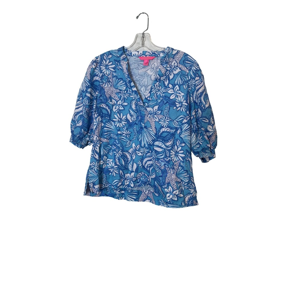 Lilly Pulitzer Blouse Womens 0 Blue Floral 100% Linen V Neck Puff Sleeve Top